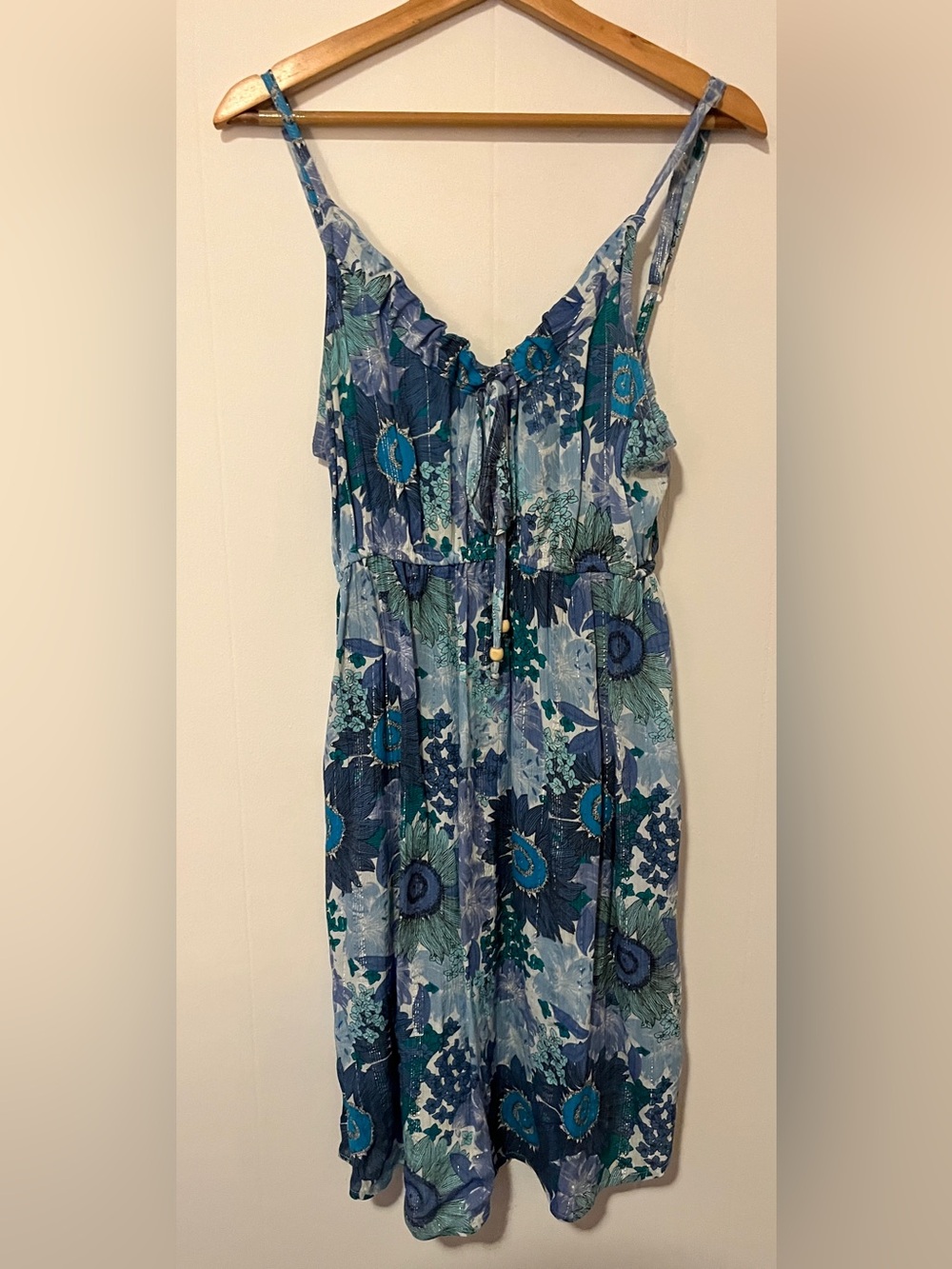 raya sun Teal and Navy Floral Midi Dress with Front Tie
